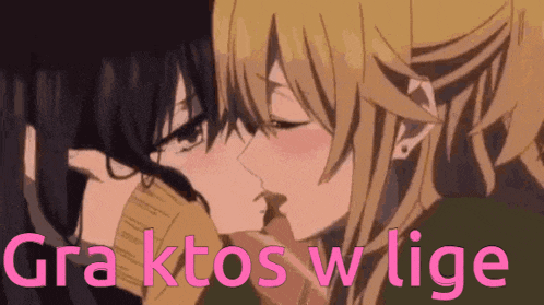 a couple of anime girls kissing with the words graktos w lige written in pink