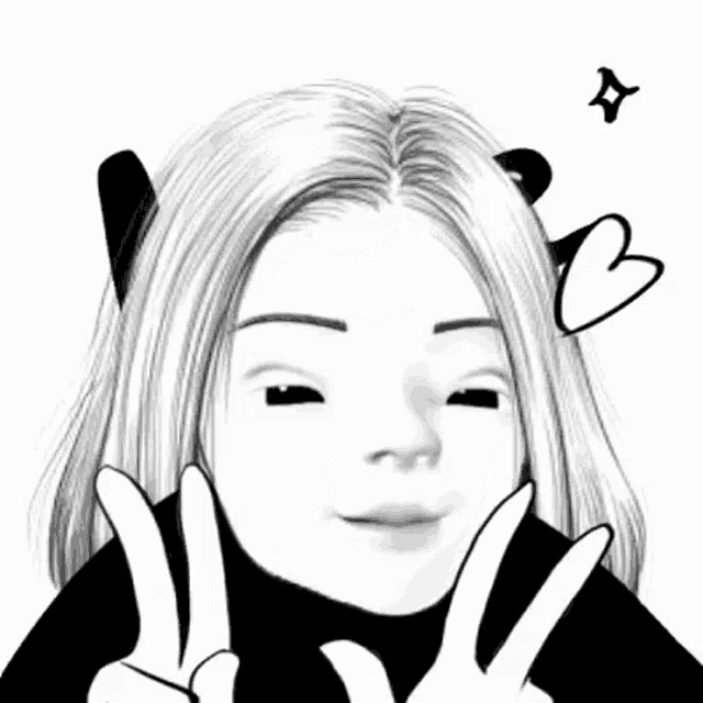 a black and white drawing of a girl with a bow in her hair giving the peace sign .