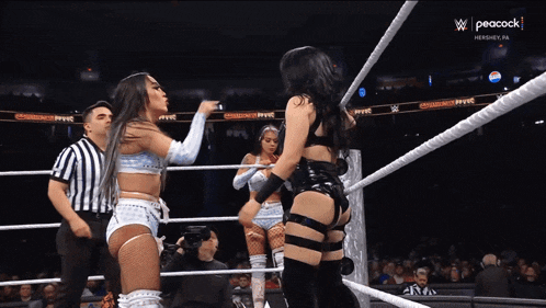 two women wrestling in a ring with peacock on the bottom right