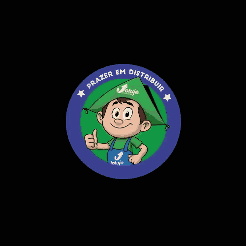 a boy in a green hat giving a thumbs up with the words prazer em distribuir on the bottom