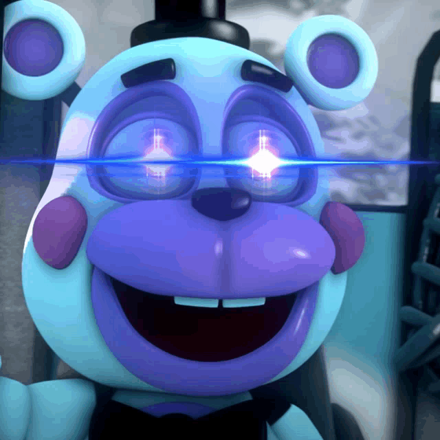 a purple and white teddy bear with a glowing eye