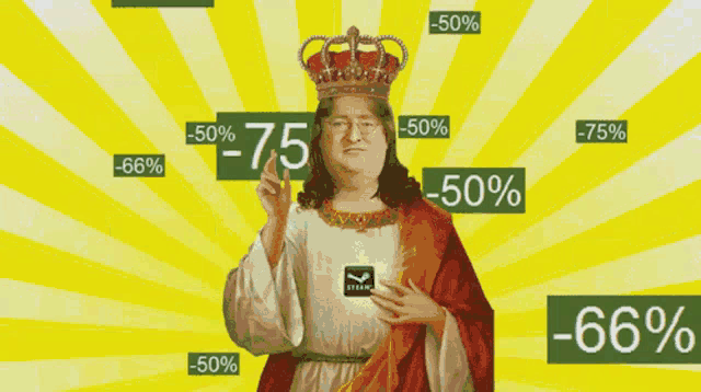 a man with a crown on his head is surrounded by signs that say -75 % -50 % and -66 %