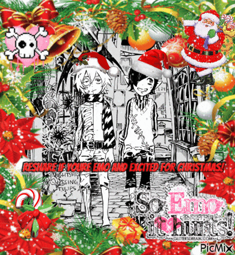 a black and white drawing of two boys wearing santa hats with the words " reshare is youre emo and excited for christmas "