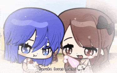 a cartoon of two girls with the words haruka loves memi