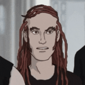 a cartoon drawing of a man with red dreadlocks