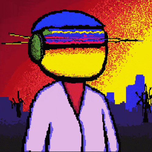 a pixel art of a person wearing headphones and a blue hat