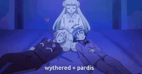 a couple of anime characters laying on the floor with the words wythered + pardis written on the bottom