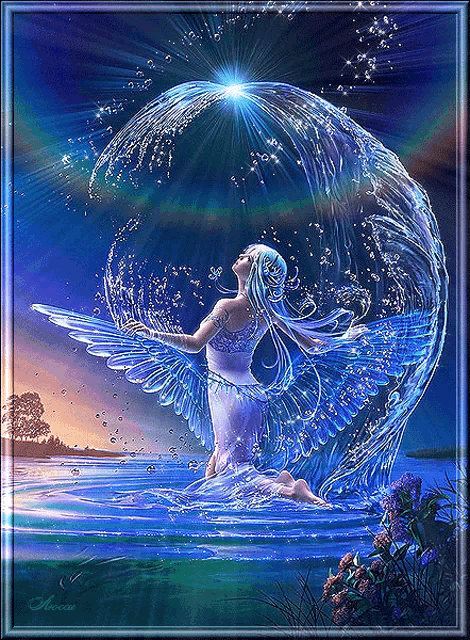 a painting of a woman with wings and a wave of water behind her