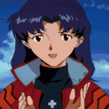 a girl with purple hair and a cross on her neck