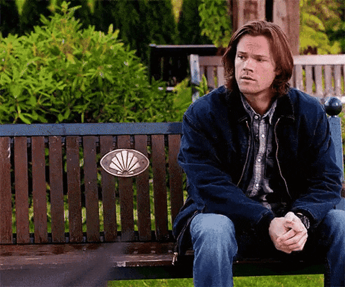 a man is sitting on a park bench with a shell plaque on the back of it