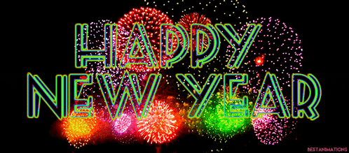 a colorful fireworks display with the words happy new year in the foreground