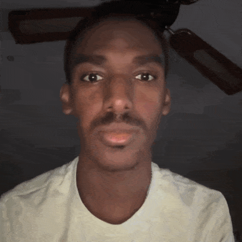 a man with a mustache is looking at the camera with a ceiling fan in the background