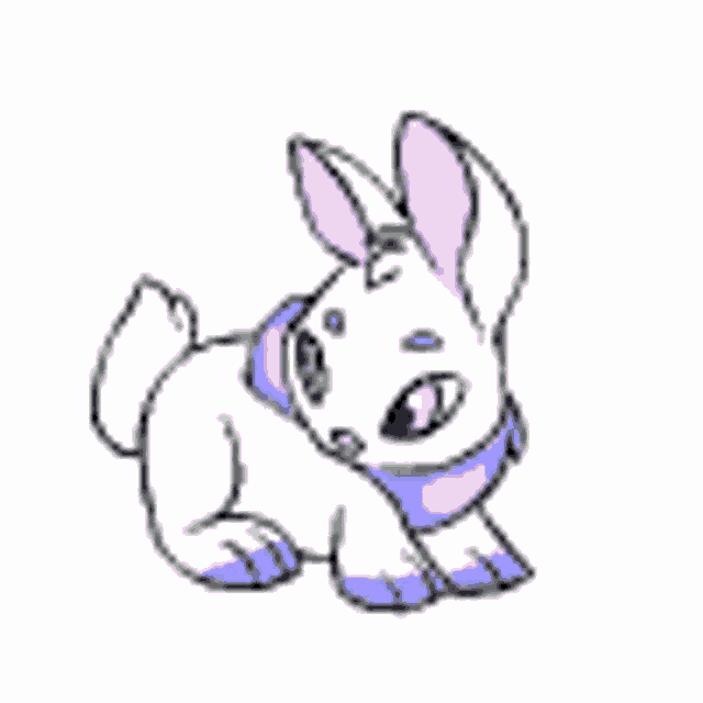 a cartoon drawing of a white rabbit wearing a purple scarf and pink ears .