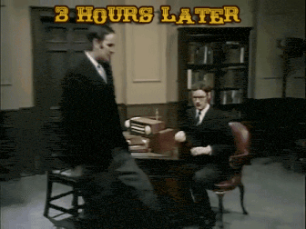 two men are in a room with the words 3 hours later