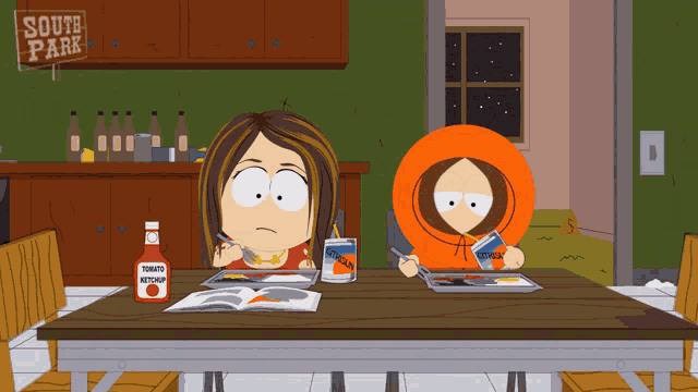 two south park characters sit at a table with a bottle of ketchup on it