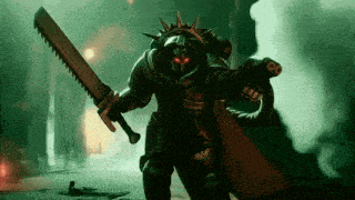a robot holding a sword and a gun with red eyes