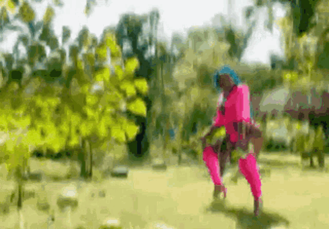 a blurry picture of a person in a pink outfit standing in a field .
