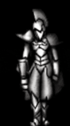a black and white image of a knight in armor holding a sword .