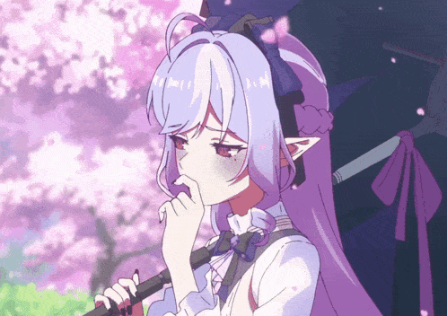 a girl with purple hair is holding a sword