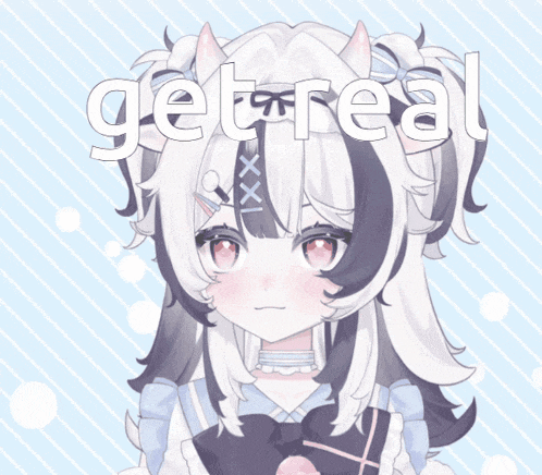a drawing of a girl with horns and the words get real behind her