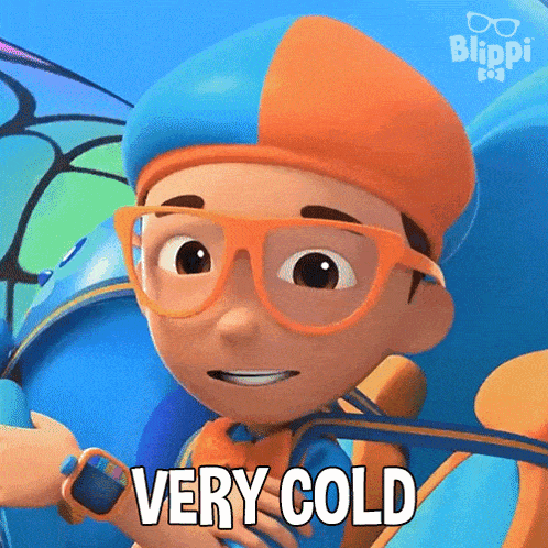 a cartoon character with glasses and a beanie says very cold