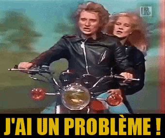 a man in a leather jacket is riding a motorcycle next to a woman with the words j'ai un probleme written below him