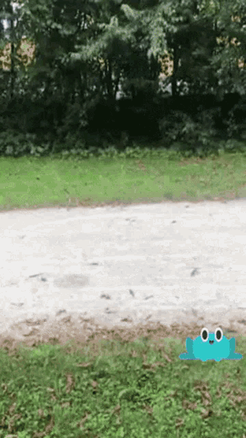 a cartoon frog is walking down a path in the grass