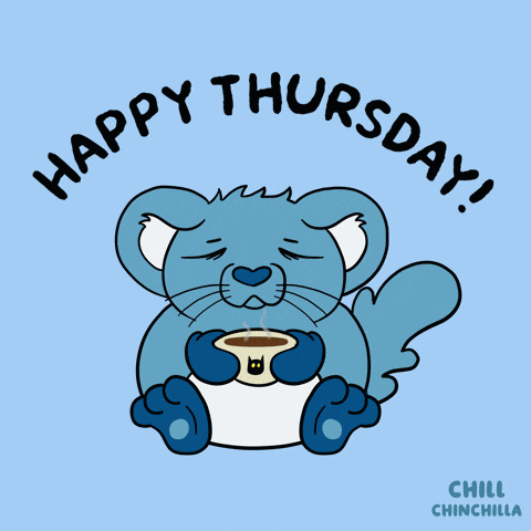 a drawing of a blue animal with the words happy thursday written above it
