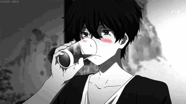 a black and white drawing of a boy drinking from a cup with shiroi hako written on the bottom