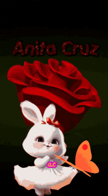 a bunny holding a butterfly in front of a red rose with anita cruz written on it