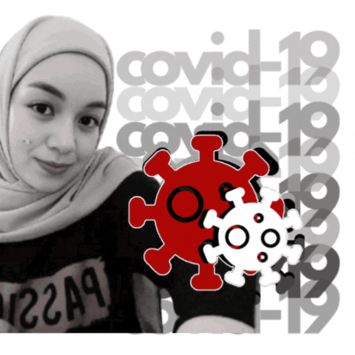a woman wearing a hijab is holding a red and white virus with covid-19 in the background