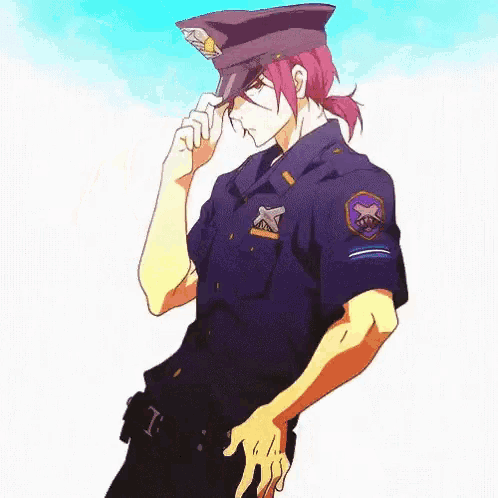 a man with pink hair is wearing a police uniform .