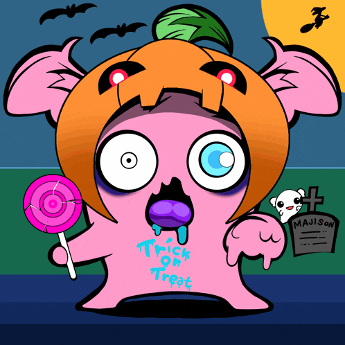 a cartoon character with a pumpkin on his head and the words trick or treat