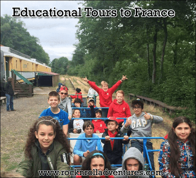 a group of children are riding a train with the words educational tours to france
