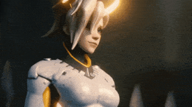 a close up of a female robot with a ponytail on her head
