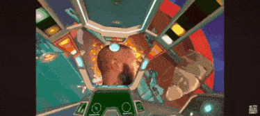 a video game screen shows a man in a spaceship looking up at the sky