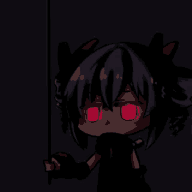 a chibi girl with red eyes is standing in the dark .