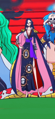 a woman in a purple and pink dress with skulls on it is standing in front of a group of cartoon characters .