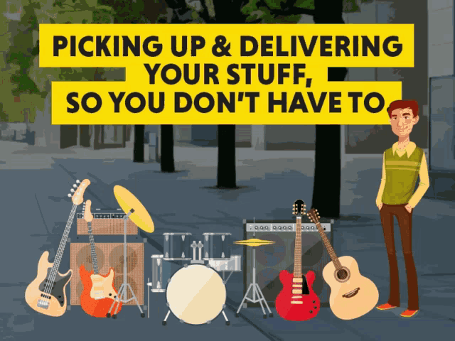 a man standing in front of a bunch of guitars and drums with the words picking up and delivering your stuff