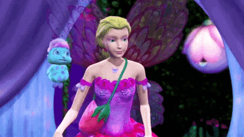 a barbie fairy in a pink dress is standing next to a stuffed animal in a cartoon .