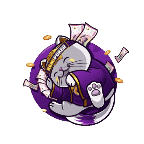 a cartoon cat wearing a purple robe and a sign that says remipoker
