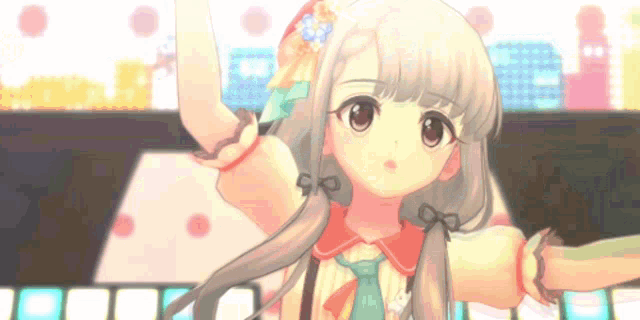 a girl with pigtails and a flower on her head is dancing