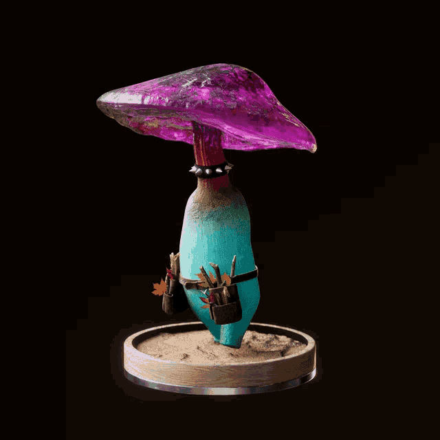 a statue of a mushroom with a blue body and a purple hat