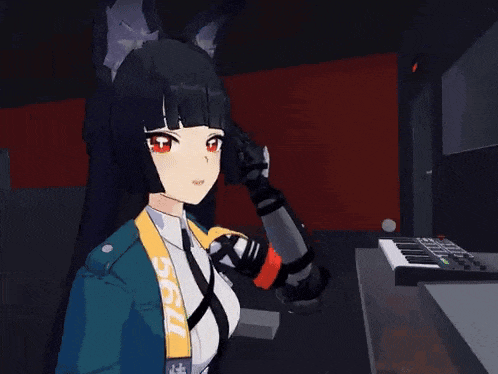 a black haired anime girl is holding a microphone in front of a keyboard .