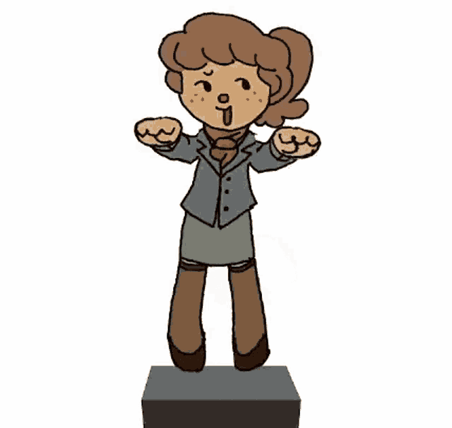 a cartoon drawing of a woman in a suit and tie standing on a pedestal .