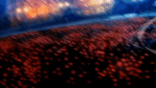 a painting of a field of red flowers with a dark background