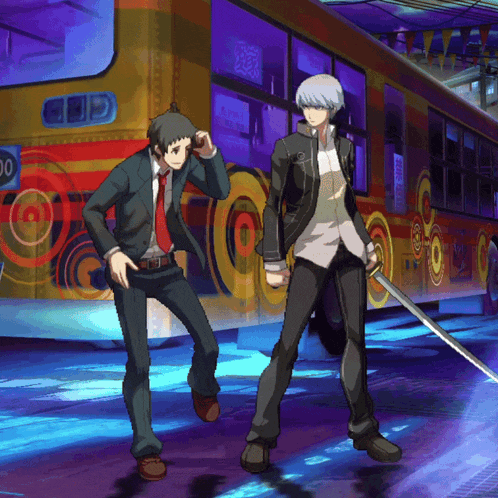 a cartoon of two men standing in front of a bus with the number 100 on it