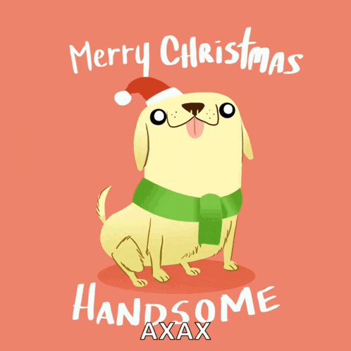 a christmas card with a dog wearing a santa hat and a scarf