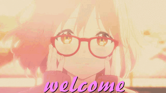 a picture of a girl with glasses and the word welcome below her