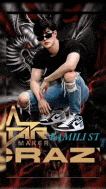 a man wearing sunglasses and ripped jeans is kneeling down in front of a sign that says " maker raz "